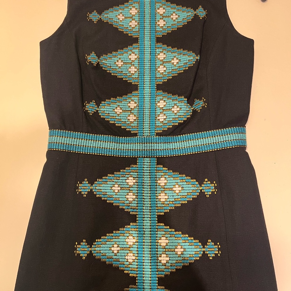 Beth Bowley Black Dress with Blue and White Accents